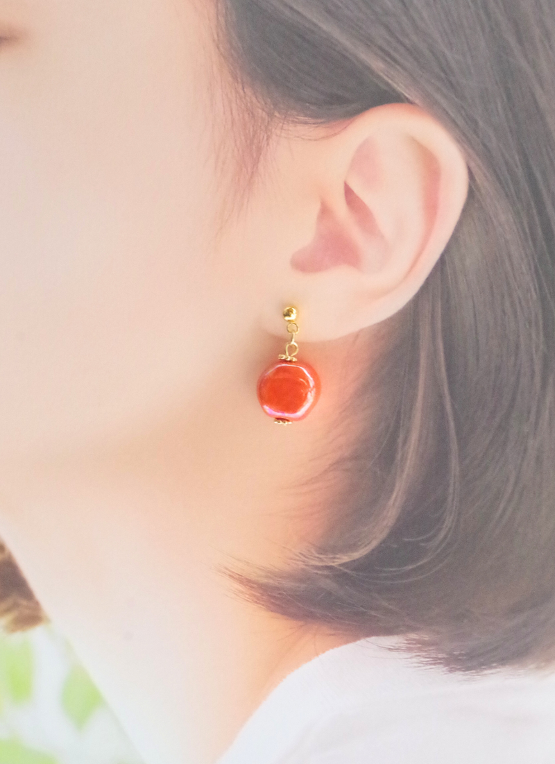 プチラウンドピアス（パール・オレンジ)